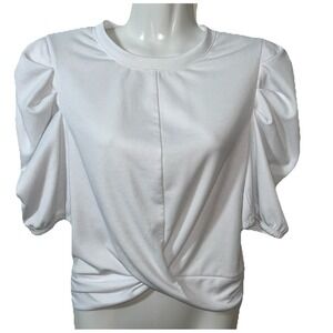 Melrose and Market Womens Top‎ S White Rib Puff Sleeve Twist Hem Angelic Dainty